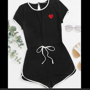 Heart Embroidery Knot Waist Binding Romper